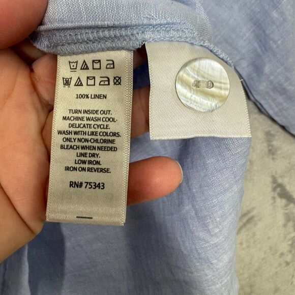 Tahari Top Womens Medium Blue 100% Linen V Neck 3/4 Sleeve Boxy Relaxed Buttons - Picture 5 of 12